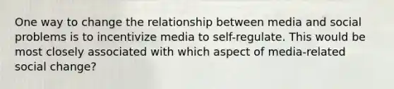 One way to change the relationship between media and social problems is to incentivize media to self-regulate. This would be most closely associated with which aspect of media-related social change?