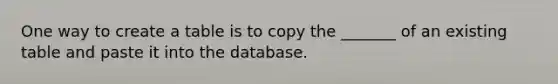 One way to create a table is to copy the _______ of an existing table and paste it into the database.