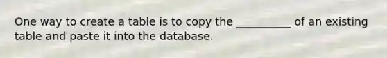 One way to create a table is to copy the __________ of an existing table and paste it into the database.