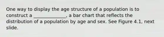 One way to display the age structure of a population is to construct a ______________, a bar chart that reflects the distribution of a population by age and sex. See Figure 4.1, next slide.