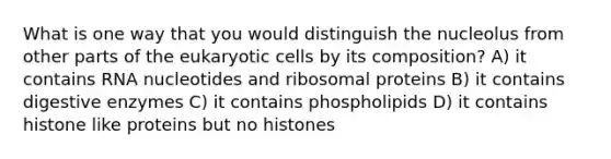 What is one way that you would distinguish the nucleolus from other parts of the eukaryotic cells by its composition? A) it contains RNA nucleotides and ribosomal proteins B) it contains digestive enzymes C) it contains phospholipids D) it contains histone like proteins but no histones