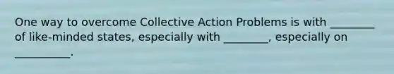 One way to overcome Collective Action Problems is with ________ of like-minded states, especially with ________, especially on __________.