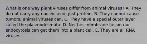 What is one way plant viruses differ from animal viruses? A. They do not carry any nucleic acid, just protein. B. They cannot cause tumors; animal viruses can. C. They have a special outer layer called the plasmodesmata. D. Neither membrane fusion nor endocytosis can get them into a plant cell. E. They are all RNA viruses.