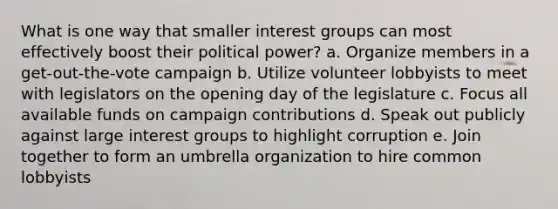 What is one way that smaller interest groups can most effectively boost their political power? a. Organize members in a get-out-the-vote campaign b. Utilize volunteer lobbyists to meet with legislators on the opening day of the legislature c. Focus all available funds on campaign contributions d. Speak out publicly against large interest groups to highlight corruption e. Join together to form an umbrella organization to hire common lobbyists