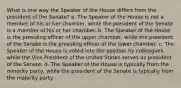 What is one way the Speaker of the House differs from the president of the Senate? a. The Speaker of the House is not a member of his or her chamber, while the president of the Senate is a member of his or her chamber. b. The Speaker of the House is the presiding officer of the upper chamber, while the president of the Senate is the presiding officer of the lower chamber. c. The Speaker of the House is voted into the position by colleagues, while the Vice President of the United States serves as president of the Senate. d. The Speaker of the House is typically from the minority party, while the president of the Senate is typically from the majority party.