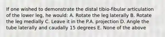 If one wished to demonstrate the distal tibio-fibular articulation of the lower leg, he would: A. Rotate the leg laterally B. Rotate the leg medially C. Leave it in the P.A. projection D. Angle the tube laterally and caudally 15 degrees E. None of the above