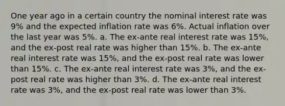 One year ago in a certain country the nominal interest rate was 9% and the expected inflation rate was 6%. Actual inflation over the last year was 5%. a. The ex-ante real interest rate was 15%, and the ex-post real rate was higher than 15%. b. The ex-ante real interest rate was 15%, and the ex-post real rate was lower than 15%. c. The ex-ante real interest rate was 3%, and the ex-post real rate was higher than 3%. d. The ex-ante real interest rate was 3%, and the ex-post real rate was lower than 3%.