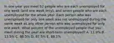 In one year you meet 52 people who are each unemployed for one week (and one week only), and seven people who are each unemployed for the whole year. Each person who was unemployed for only one week was not unemployed during the same week as any other person who was unemployed for only one week. What percent of the unemployed people that you meet during the year are short-term unemployed? A. 11.9% B. 13.5% C. 86.5% D. 87.5% E. 88.1%