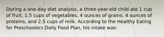 During a one-day diet analysis, a three-year-old child ate 1 cup of fruit, 1.5 cups of vegetables, 4 ounces of grains, 4 ounces of proteins, and 2.5 cups of milk. According to the Healthy Eating for Preschoolers Daily Food Plan, his intake was: