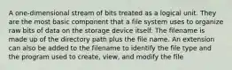 A one-dimensional stream of bits treated as a logical unit. They are the most basic component that a file system uses to organize raw bits of data on the storage device itself. The filename is made up of the directory path plus the file name. An extension can also be added to the filename to identify the file type and the program used to create, view, and modify the file