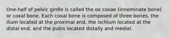 One-half of pelvic girdle is called the ox coxae (innominate bone) or coxal bone. Each coxal bone is composed of three bones, the ilium located at the proximal end, the ischium located at the distal end, and the pubis located distally and medial.