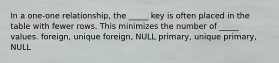 In a one-one relationship, the _____ key is often placed in the table with fewer rows. This minimizes the number of _____ values. foreign, unique foreign, NULL primary, unique primary, NULL