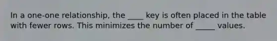 In a one-one relationship, the ____ key is often placed in the table with fewer rows. This minimizes the number of _____ values.