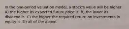 In the one-period valuation model, a stock's value will be higher A) the higher its expected future price is. B) the lower its dividend is. C) the higher the required return on investments in equity is. D) all of the above.