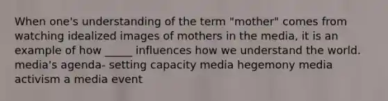 When one's understanding of the term "mother" comes from watching idealized images of mothers in the media, it is an example of how _____ influences how we understand the world. media's agenda- setting capacity media hegemony media activism a media event