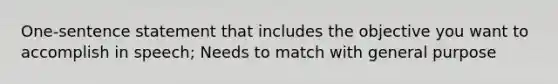 One-sentence statement that includes the objective you want to accomplish in speech; Needs to match with general purpose