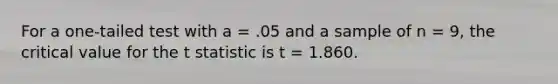 For a one-tailed test with a = .05 and a sample of n = 9, the critical value for the t statistic is t = 1.860.