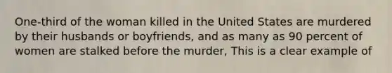 One-third of the woman killed in the United States are murdered by their husbands or boyfriends, and as many as 90 percent of women are stalked before the murder, This is a clear example of