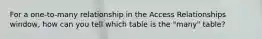 For a one-to-many relationship in the Access Relationships window, how can you tell which table is the "many" table?