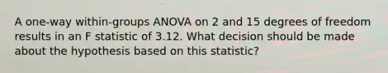 A one-way within-groups ANOVA on 2 and 15 degrees of freedom results in an F statistic of 3.12. What decision should be made about the hypothesis based on this statistic?