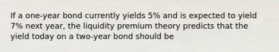 If a one-year bond currently yields 5% and is expected to yield 7% next year, the liquidity premium theory predicts that the yield today on a two-year bond should be