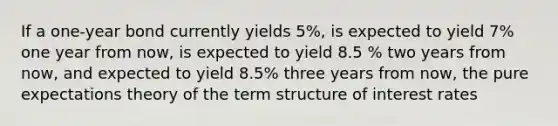 If a one-year bond currently yields 5%, is expected to yield 7% one year from now, is expected to yield 8.5 % two years from now, and expected to yield 8.5% three years from now, the pure expectations theory of the term structure of interest rates