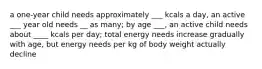 a one-year child needs approximately ___ kcals a day, an active ___ year old needs __ as many; by age ___, an active child needs about ____ kcals per day; total energy needs increase gradually with age, but energy needs per kg of body weight actually decline