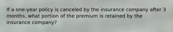 If a one-year policy is canceled by the insurance company after 3 months, what portion of the premium is retained by the insurance company?