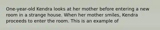 One-year-old Kendra looks at her mother before entering a new room in a strange house. When her mother smiles, Kendra proceeds to enter the room. This is an example of​