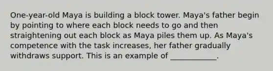 One-year-old Maya is building a block tower. Maya's father begin by pointing to where each block needs to go and then straightening out each block as Maya piles them up. As Maya's competence with the task increases, her father gradually withdraws support. This is an example of ____________.