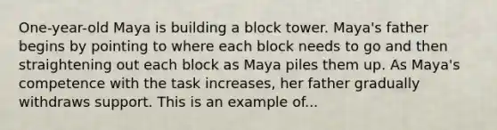 One-year-old Maya is building a block tower. Maya's father begins by pointing to where each block needs to go and then straightening out each block as Maya piles them up. As Maya's competence with the task increases, her father gradually withdraws support. This is an example of...