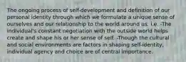 The ongoing process of self-development and definition of our personal identity through which we formulate a unique sense of ourselves and our relationship to the world around us. i.e. -The individual's constant negotiation with the outside world helps create and shape his or her sense of self. -Though the cultural and social environments are factors in shaping self-identity, individual agency and choice are of central importance.