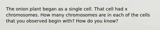 The onion plant began as a single cell. That cell had x chromosomes. How many chromosomes are in each of the cells that you observed begin with? How do you know?