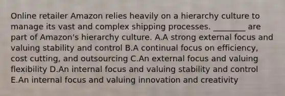 Online retailer Amazon relies heavily on a hierarchy culture to manage its vast and complex shipping processes. ________ are part of Amazon's hierarchy culture. A.A strong external focus and valuing stability and control B.A continual focus on efficiency, cost cutting, and outsourcing C.An external focus and valuing flexibility D.An internal focus and valuing stability and control E.An internal focus and valuing innovation and creativity