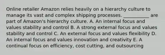 Online retailer Amazon relies heavily on a hierarchy culture to manage its vast and complex shipping processes. ___________ are part of Amazon's hierarchy culture. A. An internal focus and values stability and control B. A strong external focus and values stability and control C. An external focus and values flexibility D. An internal focus and values innovation and creativity E. A continual focus on efficiency, cost cutting, and outsourcing