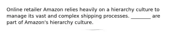 Online retailer Amazon relies heavily on a hierarchy culture to manage its vast and complex shipping processes. ________ are part of Amazon's hierarchy culture.