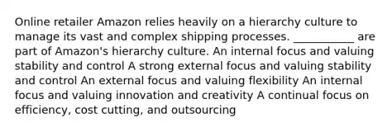 Online retailer Amazon relies heavily on a hierarchy culture to manage its vast and complex shipping processes. ___________ are part of Amazon's hierarchy culture. An internal focus and valuing stability and control A strong external focus and valuing stability and control An external focus and valuing flexibility An internal focus and valuing innovation and creativity A continual focus on efficiency, cost cutting, and outsourcing