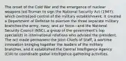 The onset of the Cold War and the emergence of nuclear weapons led Truman to sign the National Security Act (1947), which centralized control of the military establishment. It created a Department of Defense to oversee the three separate military branches-the army, navy, and air force—and the National Security Council (NSC), a group of the government's top specialists in international relations who advised the president. The act made permanent the Joint Chiefs of Staff, a wartime innovation bringing together the leaders of the military branches, and it established the Central Intelligence Agency (CIA) to coordinate global intelligence-gathering activities.