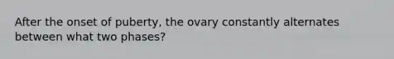 After the onset of puberty, the ovary constantly alternates between what two phases?