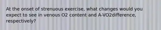 At the onset of strenuous exercise, what changes would you expect to see in venous O2 content and A-VO2difference, respectively?