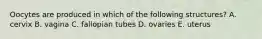 Oocytes are produced in which of the following structures? A. cervix B. vagina C. fallopian tubes D. ovaries E. uterus