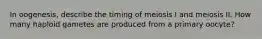 In oogenesis, describe the timing of meiosis I and meiosis II. How many haploid gametes are produced from a primary oocyte?
