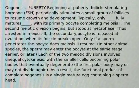 Oogenesis- PUBERTY Beginning at puberty, follicle-stimulating hormone (FSH) periodically stimulates a small group of follicles to resume growth and development. Typically, only ____ fully matures_____, with its primary oocyte completing meiosis I. The second meiotic division begins, but stops at metaphase. Thus arrested in meiosis II, the secondary oocyte is released at ovulation, when its follicle breaks open. Only if a sperm penetrates the oocyte does meiosis II resume. (In other animal species, the sperm may enter the oocyte at the same stage, earlier, or later.) Each of the two meiotic divisions involves unequal cytokinesis, with the smaller cells becoming polar bodies that eventually degenerate (the first polar body may or may not divide again). As a result, the functional product of complete oogenesis is a single mature egg containing a sperm head.