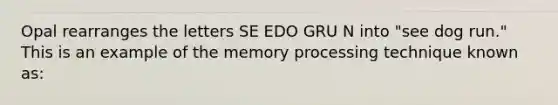 Opal rearranges the letters SE EDO GRU N into "see dog run." This is an example of the memory processing technique known as: