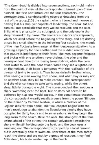 "The Open Boat" is divided into seven sections, each told mainly from the point of view of the correspondent, based upon Crane himself. The first part introduces the four characters—the correspondent, a condescending observer detached from the rest of the group;[15] the captain, who is injured and morose at having lost his ship, yet capable of leadership; the cook, fat and comical, but optimistic that they will be rescued; and the oiler, Billie, who is physically the strongest, and the only one in the story referred to by name. The four are survivors of a shipwreck, which occurred before the beginning of the story, and are drifting at sea in a small dinghy. In the following four sections, the moods of the men fluctuate from anger at their desperate situation, to a growing empathy for one another and the sudden realization that nature is indifferent to their fates. The men become fatigued and bicker with one another; nevertheless, the oiler and the correspondent take turns rowing toward shore, while the cook bails water to keep the boat afloat. When they see a lighthouse on the horizon, their hope is tempered with the realization of the danger of trying to reach it. Their hopes dwindle further when, after seeing a man waving from shore, and what may or may not be another boat, they fail to make contact. The correspondent and the oiler continue to take turns rowing, while the others sleep fitfully during the night. The correspondent then notices a shark swimming near the boat, but he does not seem to be bothered by it as one would expect. In the penultimate chapter, the correspondent wearily recalls a verse from the poem "Bingen on the Rhine" by Caroline Norton, in which a "soldier of the Legion" dies far from home. The final chapter begins with the men's resolution to abandon the floundering dinghy they have occupied for thirty hours and to swim ashore. As they begin the long swim to the beach, Billie the oiler, the strongest of the four, swims ahead of the others; the captain advances towards the shore while still holding onto the boat, and the cook uses a surviving oar. The correspondent is trapped by a local current, but is eventually able to swim on. After three of the men safely reach the shore and are met by a group of rescuers, they find Billie dead, his body washed up on the beach.