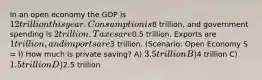 In an open economy the GDP is 12 trillion this year. Consumption is8 trillion, and government spending is 2 trillion. Taxes are0.5 trillion. Exports are 1 trillion, and imports are3 trillion. (Scenario: Open Economy S = I) How much is private saving? A) 3.5 trillion B)4 trillion C) 1.5 trillion D)2.5 trillion