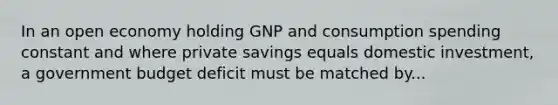 In an open economy holding GNP and consumption spending constant and where private savings equals domestic investment, a government budget deficit must be matched by...