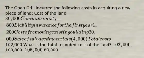 The Open Grill incurred the following costs in acquiring a new piece of land: Cost of the land80,000 Commissions 4,800 Liability insurance for the first year 1,200 Cost of removing existing building 20,000 Sale of salvaged materials (4,000) Total costs102,000 What is the total recorded cost of the land? 102,000.100,800. 106,000.80,000.