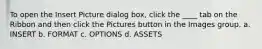 To open the Insert Picture dialog box, click the ____ tab on the Ribbon and then click the Pictures button in the Images group. a. INSERT b. FORMAT c. OPTIONS d. ASSETS