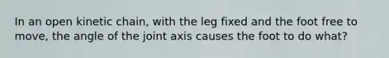 In an open kinetic chain, with the leg fixed and the foot free to move, the angle of the joint axis causes the foot to do what?